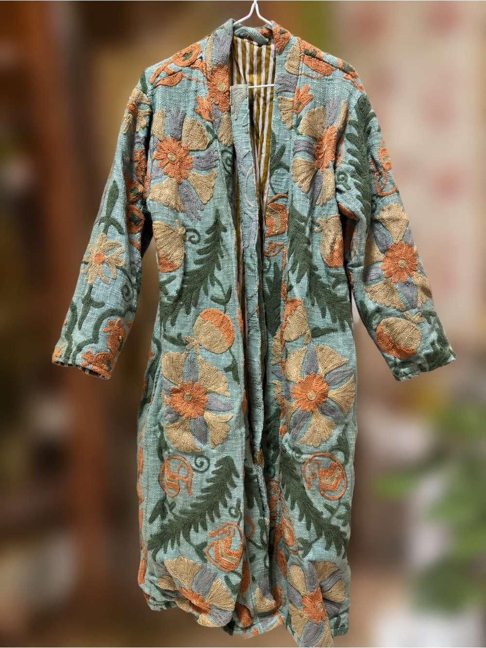 Embroidered Floral Long Jacket - Sage Green & Coral